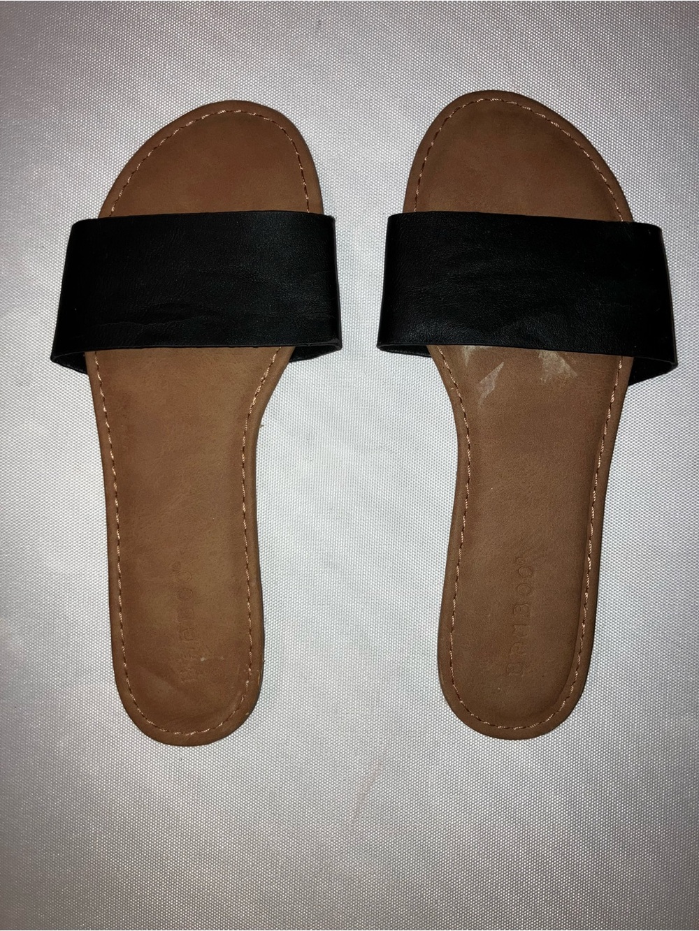 Women’s Black Slide Sandals with Brown Suede Footbed size 6